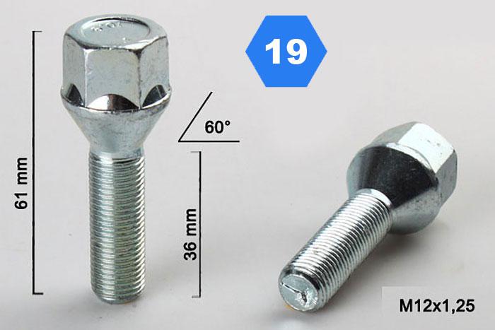 M12x1,25, Verlengde wielbout conisch, Draadlengte 36mm, SW 19